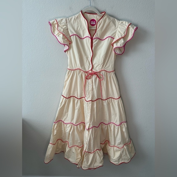 NWT CeliaB Neutral Baba Voyager Cream Midi Tiered Dress SZ S - Picture 3 of 9